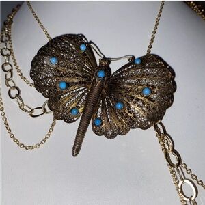 Vintage 925 Filigree Moth Long 4-strand Necklace Turquoise + Aquamarine Stations